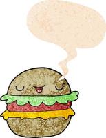 cartoon burger and speech bubble in retro textured style vector