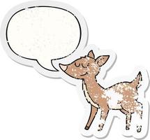 cartoon deer and speech bubble distressed sticker vector