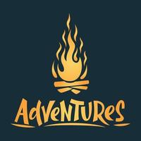 Wood campfire on dark background, travel and adventure symbol. Adventures hand drawn lettering vector