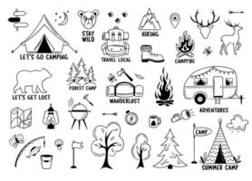 elementos de camping y senderismo aislados en blanco. emblemas de aventura al aire libre vector