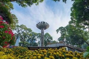 Wide angle view of Lotus pillar - An iconic architecture at Turtle lake , Ho Con Rua with blue sky in Saigon. photo