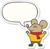 cartoon mouse wearing scarf and speech bubble sticker vector