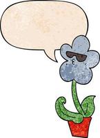 cool cartoon flower and speech bubble in retro texture style vector