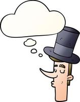 cartoon man wearing top hat and thought bubble in smooth gradient style vector