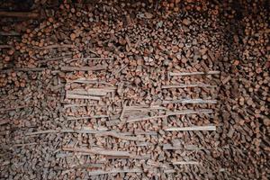 Woodpile fresh cut pine logs at sawmill factory. Big stack of tree trunks at wood production lumber mill. Processing timber material at wood construction warehouse. Chopped firewood stumps. Forestry photo