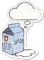 cartoon milk carton and thought bubble as a distressed worn sticker vector