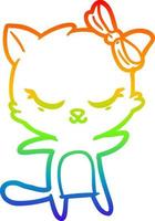 rainbow gradient line drawing cute cartoon cat with bow vector