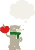 cartoon bear with apple and thought bubble in retro style vector