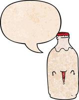 cute cartoon milk bottle and speech bubble in retro texture style vector