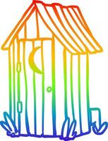 rainbow gradient line drawing traditional outdoor toilet with crescent moon window vector