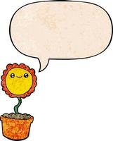 cartoon flower and speech bubble in retro texture style vector