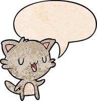 cartoon happy cat and speech bubble in retro texture style vector