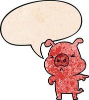 cartoon angry pig pointing and speech bubble in retro texture style vector