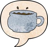 cartoon hot cup of coffee and speech bubble in retro texture style vector