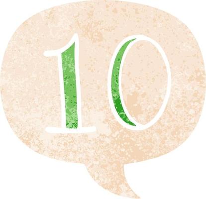 cartoon number 10 and speech bubble in retro textured style