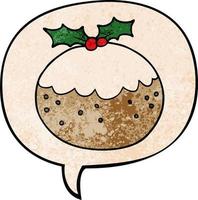 cartoon christmas pudding and speech bubble in retro texture style vector