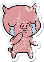 distressed sticker of a cartoon pig crying vector