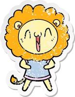 distressed sticker of a happy cartoon lion vector