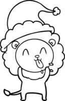 happy line drawing of a lion wearing santa hat vector