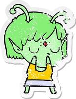 distressed sticker of a cartoon alien girl vector