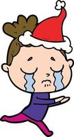line drawing of a crying woman wearing santa hat vector