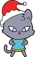 lindo dibujo lineal de un gato con gorro de Papá Noel vector