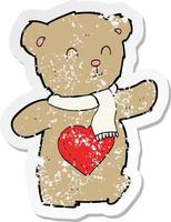 retro distressed sticker of a cartoon teddy bear with love heart vector