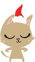 calm flat color illustration of a cat wearing santa hat vector