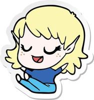 sticker of a happy cartoon elf girl sitting vector