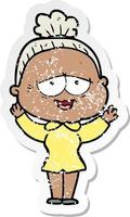 distressed sticker of a cartoon happy old lady vector