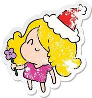 christmas distressed sticker cartoon of kawaii girl vector