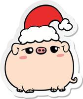 sticker of a cartoon pig wearing christmas hat vector