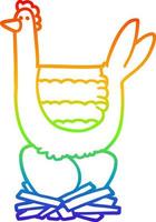 rainbow gradient line drawing cartoon chicken sitting on eggs in nest vector