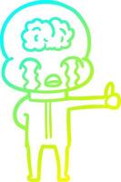 cold gradient line drawing cartoon big brain alien crying but giving thumbs up symbol vector