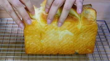 Lady checking hotel bread texture after take out from oven video