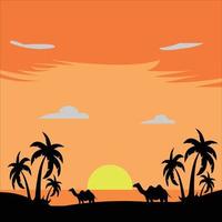 image of a sunset combined with two camels and two palm trees vector