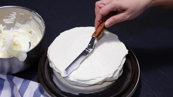 dame utilisant une spatule pour la décoration de crème, personnes faisant un concept de boulangerie maison video