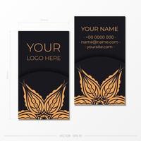 Vector visit card template with gold round frame and floral ornament