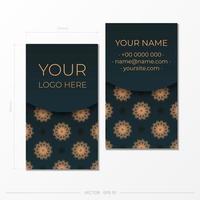 Dark green business cards template with decorative ornaments business cards, oriental pattern, illustration. Ready to print, meet the requirements of the printing house. vector