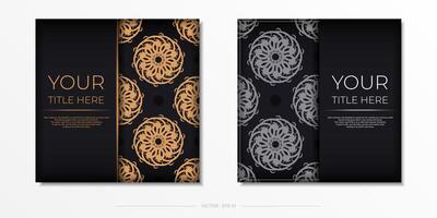 Luxurious black square postcard template with vintage abstract ornament. Elegant and classic vector elements are great for decoration.