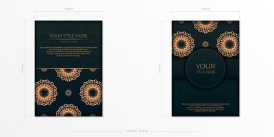 Dark green postcard template with white Indian mandala ornament. Elegant and classic vector elements ready for print and typography.