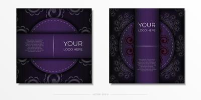 Luxurious purple postcard template with vintage Indian mandala ornament. Elegant and classic vector elements ready for print and typography.