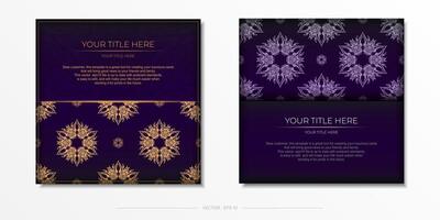 Luxurious purple square postcard template with vintage abstract ornament. Elegant and classic vector elements ready for print and typography.