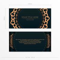 Dark green postcard template with white abstract mandala ornament. Elegant and classic vector elements are great for decoration.