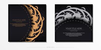 Luxurious black square postcard template with vintage abstract ornament. Elegant and classic elements are great for decoration. vector