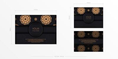 Luxurious black rectangular postcard template with vintage abstract mandala ornament. Elegant and classic vector elements are great for decoration.