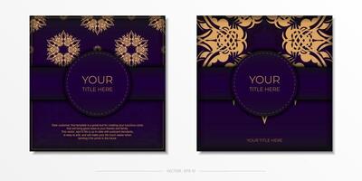Luxurious purple square postcard template with vintage indian ornaments. Elegant and classic elements ready for print and typography. vector