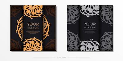 Luxurious black square postcard template with vintage indian ornaments. Elegant and classic elements ready for print and typography. vector