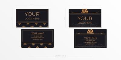 Business card with gold mandala and monogram on black background. Vector illustration.