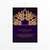 Luxurious purple rectangular postcard template with vintage abstract ornament. Elegant and classic vector elements ready for print and typography.